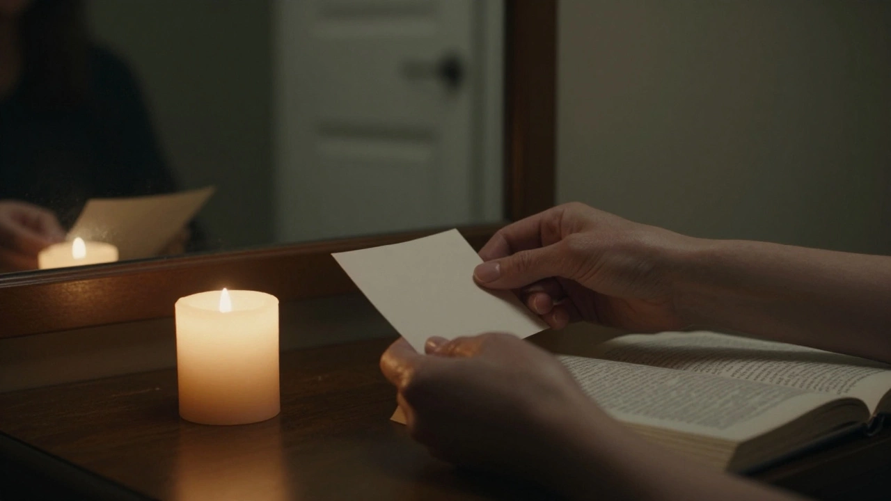 A folded note rests beside a candle and open book, symbolizing unspoken connection and trust.